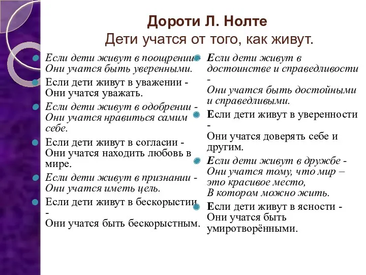 Дороти Л. Нолте Дети учатся от того, как живут. Если