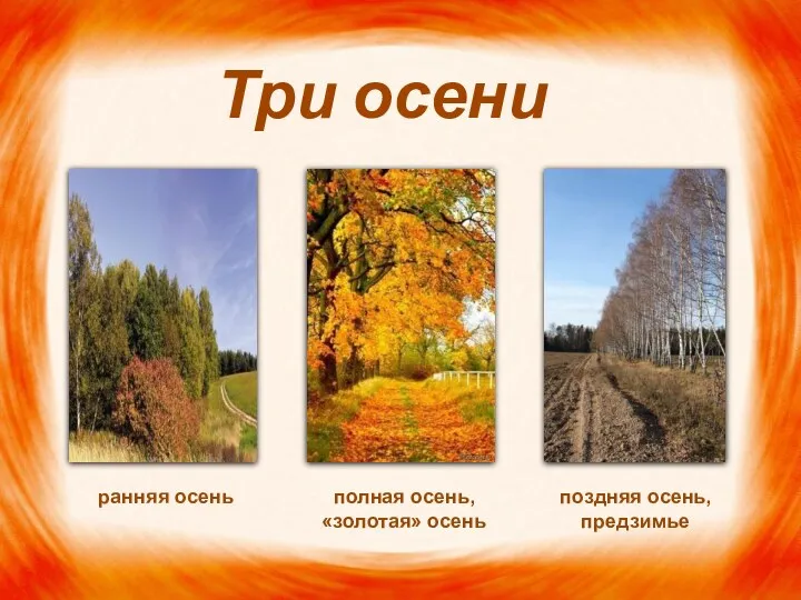 Три осени ранняя осень полная осень, «золотая» осень поздняя осень, предзимье
