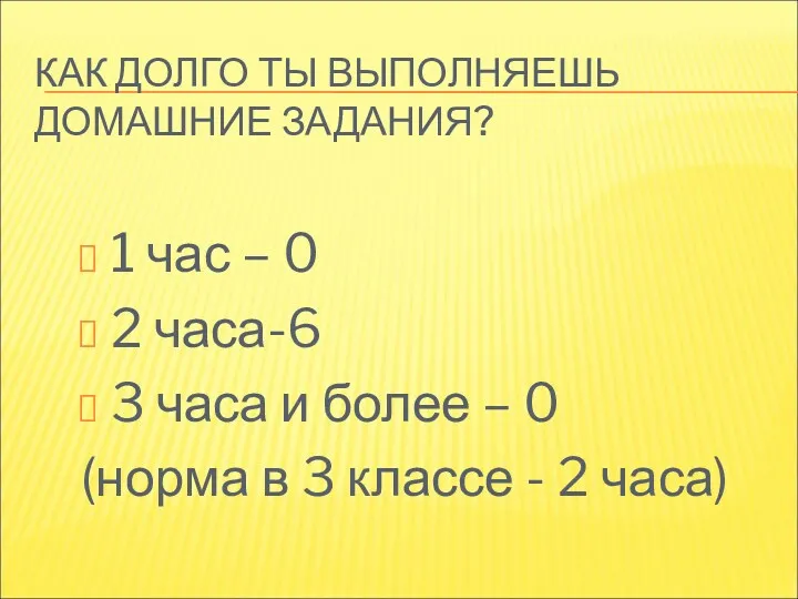 КАК ДОЛГО ТЫ ВЫПОЛНЯЕШЬ ДОМАШНИЕ ЗАДАНИЯ? 1 час – 0