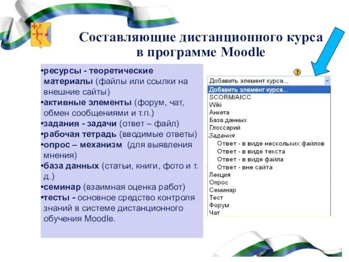 Составляющие дистанционного курса в программе Moodle ресурсы - теоретические материалы (файлы или ссылки