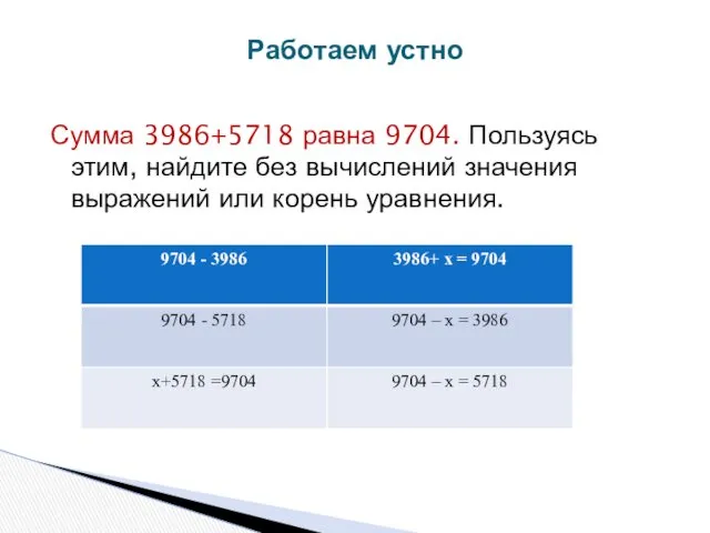 Сумма 3986+5718 равна 9704. Пользуясь этим, найдите без вычислений значения выражений или корень уравнения. Работаем устно