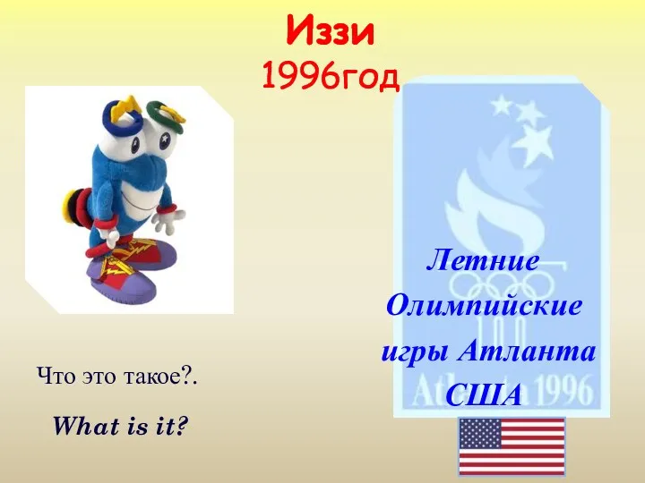 Иззи 1996год создатели придумали персонажу имя Иззи, сокращение от английского