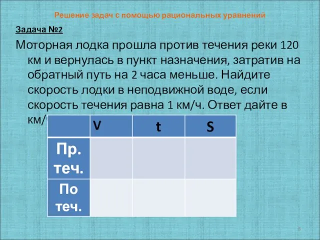 Решение задач с помощью рациональных уравнений Задача №2 Моторная лодка