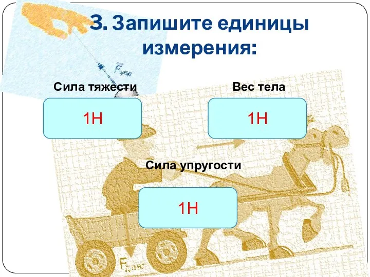 3. Запишите единицы измерения: Сила тяжести Вес тела Сила упругости 1H 1H 1H