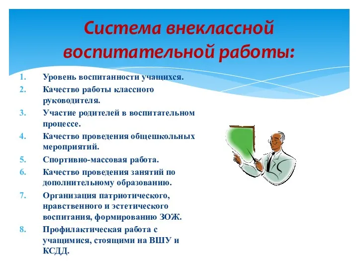 Система внеклассной воспитательной работы: Уровень воспитанности учащихся. Качество работы классного руководителя. Участие родителей