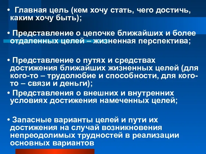 Главная цель (кем хочу стать, чего достичь, каким хочу быть); Представление о цепочке