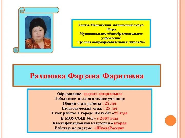 Ханты-Мансийский автономный округ-Югра Муниципальное общеобразовательное учреждение Средняя общеобразовательная школа№4 Рахимова