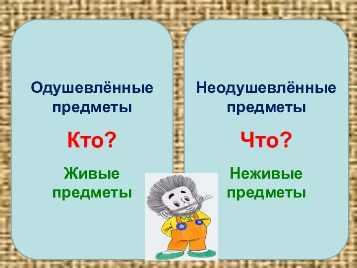 Одушевлённые предметы Кто? Живые предметы Неодушевлённые предметы Что? Неживые предметы