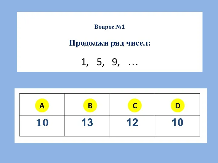 Вопрос №1 Продолжи ряд чисел: 1, 5, 9, … A B C D