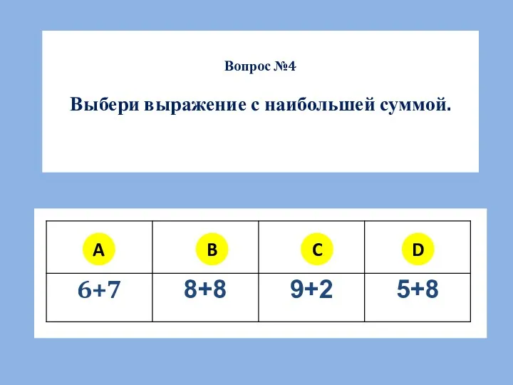 Вопрос №4 Выбери выражение с наибольшей суммой. A B C D