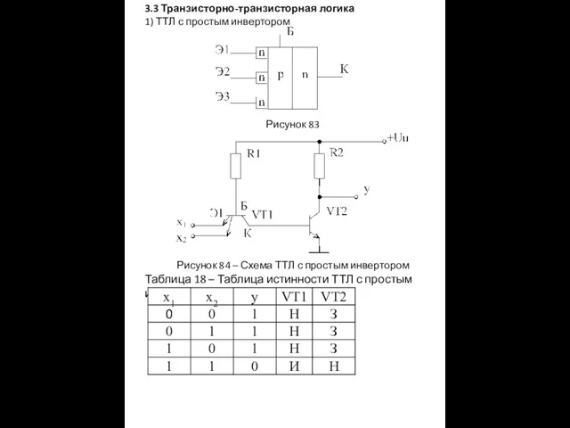3.3 Транзисторно-транзисторная логика 1) ТТЛ с простым инвертором Рисунок 83 Рисунок 84 –