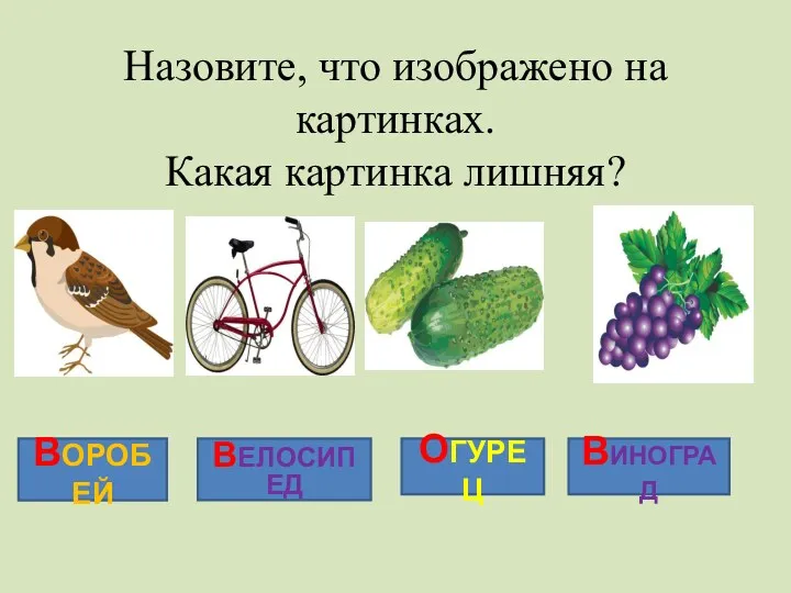 Назовите, что изображено на картинках. Какая картинка лишняя? ВОРОБЕЙ ВЕЛОСИПЕД ОГУРЕЦ ВИНОГРАД