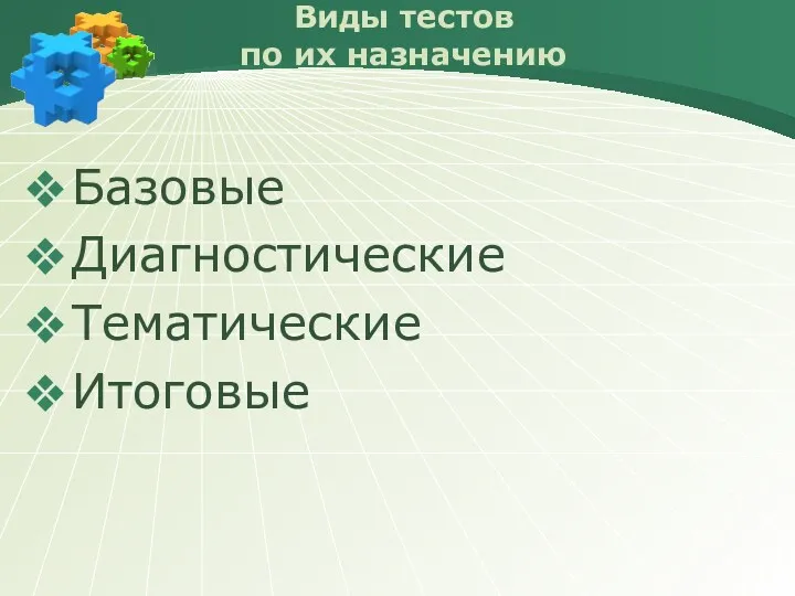 Виды тестов по их назначению Базовые Диагностические Тематические Итоговые