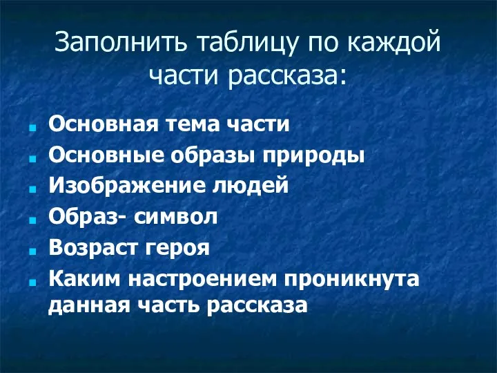 Заполнить таблицу по каждой части рассказа: Основная тема части Основные