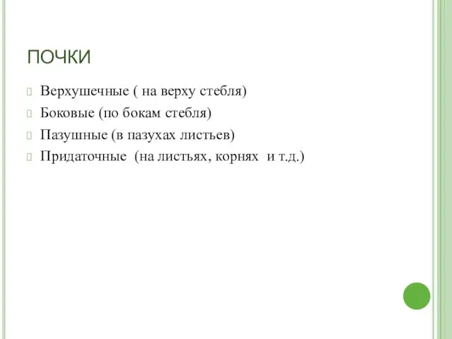 ПОЧКИ Верхушечные ( на верху стебля) Боковые (по бокам стебля) Пазушные (в пазухах