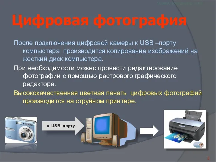 Цифровая фотография После подключения цифровой камеры к USB –порту компьютера производится копирование изображений