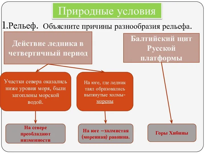 Природные условия 1.Рельеф. Объясните причины разнообразия рельефа. Действие ледника в