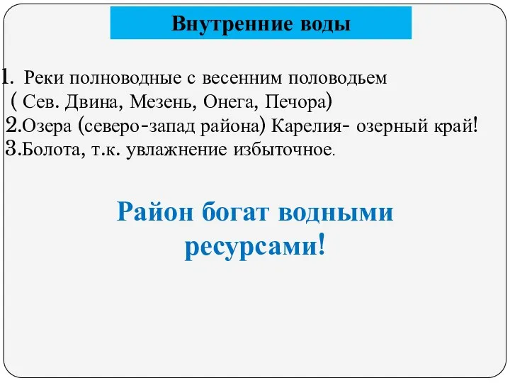 Внутренние воды Реки полноводные с весенним половодьем ( Сев. Двина,