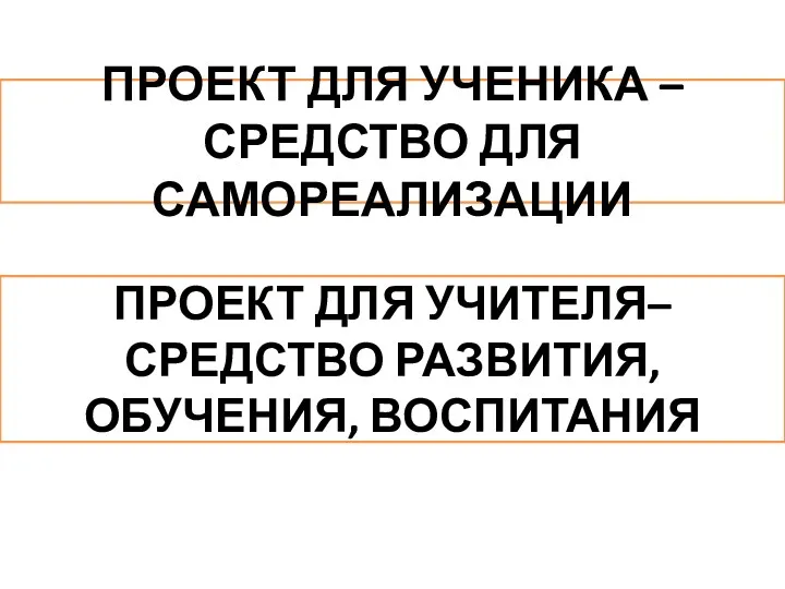 ПРОЕКТ ДЛЯ УЧЕНИКА – СРЕДСТВО ДЛЯ САМОРЕАЛИЗАЦИИ ПРОЕКТ ДЛЯ УЧИТЕЛЯ– СРЕДСТВО РАЗВИТИЯ, ОБУЧЕНИЯ, ВОСПИТАНИЯ