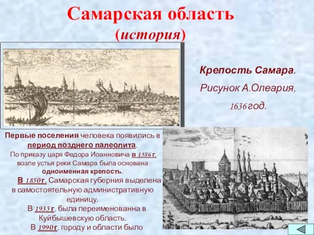 Самарская область (история) Крепость Самара. Рисунок А.Олеария, 1636 год. Первые