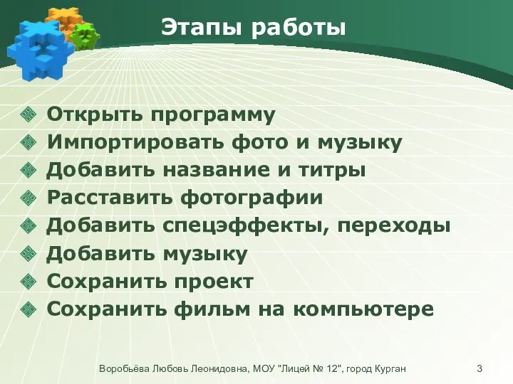 Этапы работы Открыть программу Импортировать фото и музыку Добавить название