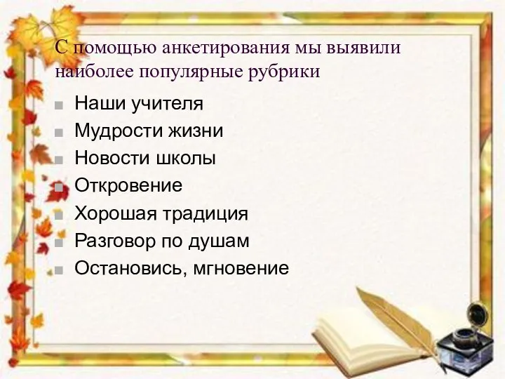 С помощью анкетирования мы выявили наиболее популярные рубрики Наши учителя