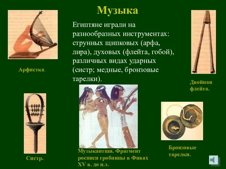 Египтяне играли на разнообразных инструментах: струнных щипковых (арфа, лира), духовых