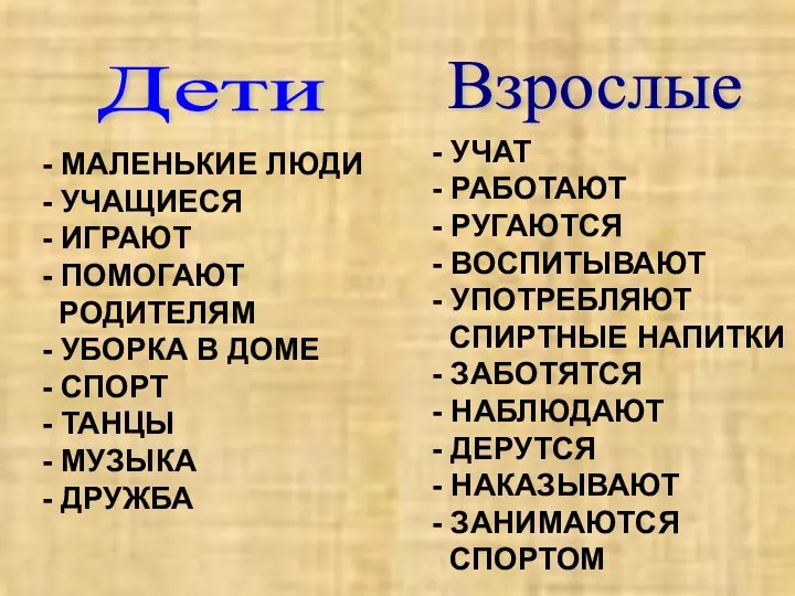 Дети Взрослые - УЧАТ - РАБОТАЮТ - РУГАЮТСЯ - ВОСПИТЫВАЮТ - УПОТРЕБЛЯЮТ СПИРТНЫЕ