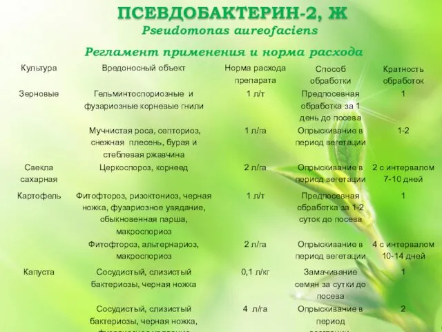 ПСЕВДОБАКТЕРИН-2, Ж Регламент применения и норма расхода Pseudomonas aureofaciens