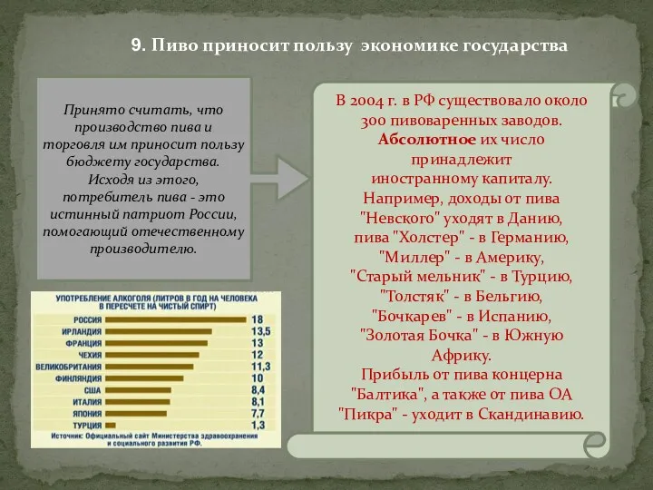 9. Пиво приносит пользу экономике государства Принято считать, что производство пива и торговля