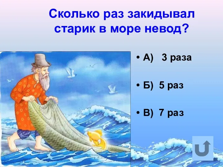 Сколько раз закидывал старик в море невод? А) 3 раза Б) 5 раз В) 7 раз