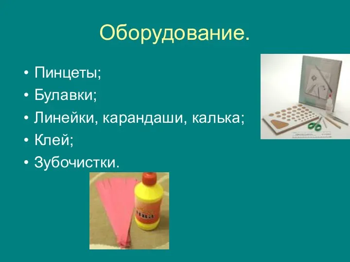 Оборудование. Пинцеты; Булавки; Линейки, карандаши, калька; Клей; Зубочистки.