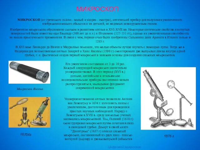 Цифровой микроскоп 1876 г. МИКРОСКОП (от греческого mikros - малый и skopeo -