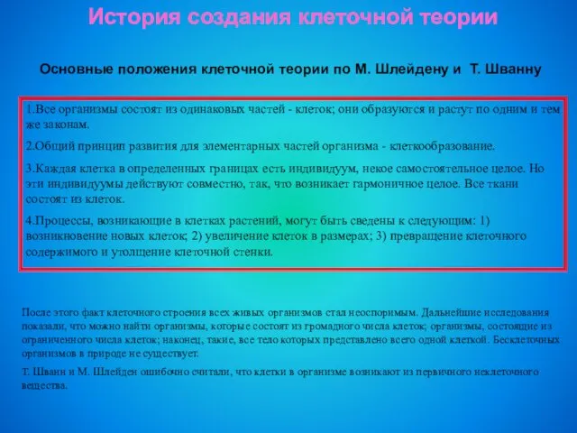 История создания клеточной теории 1.Все организмы состоят из одинаковых частей