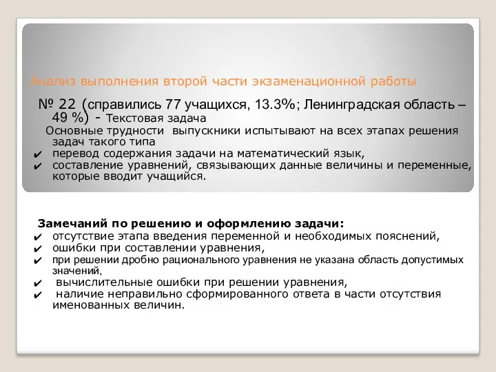 Анализ выполнения второй части экзаменационной работы № 22 (справились 77 учащихся, 13.3%; Ленинградская