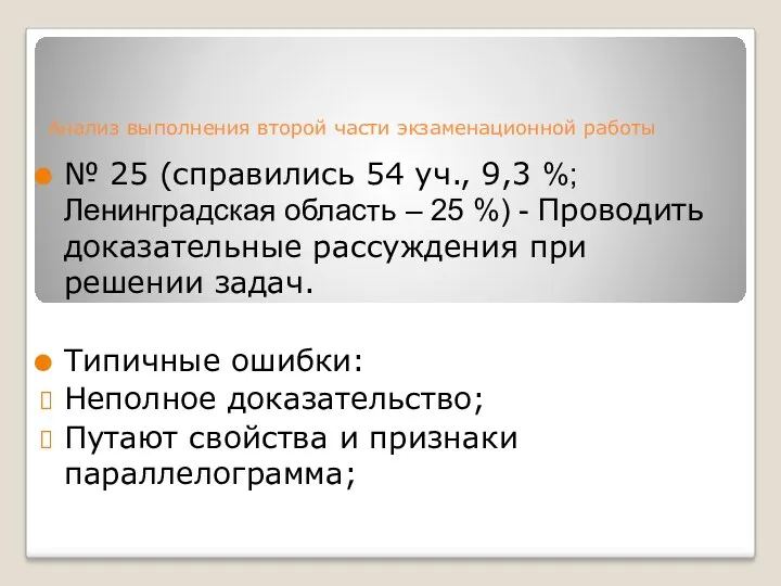 Анализ выполнения второй части экзаменационной работы № 25 (справились 54 уч., 9,3 %;