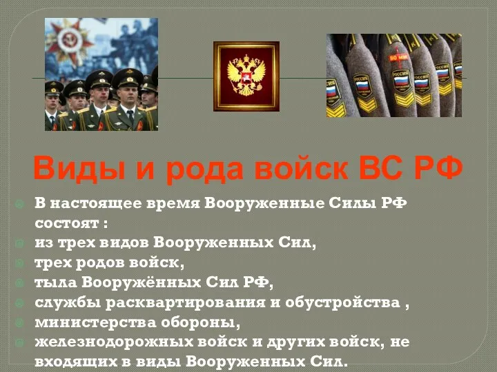 Виды и рода войск ВС РФ В настоящее время Вооруженные