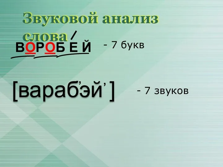 Звуковой анализ слова ВОРОБ Е Й - 7 букв - 7 звуков