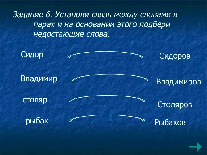 Задание 6. Установи связь между словами в парах и на