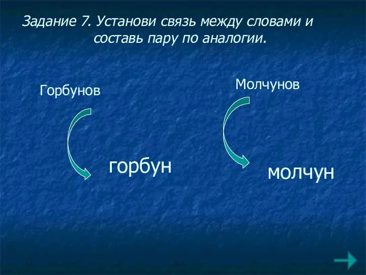 Задание 7. Установи связь между словами и составь пару по аналогии. Горбунов Молчунов горбун молчун