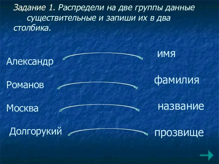 Задание 1. Распредели на две группы данные существительные и запиши