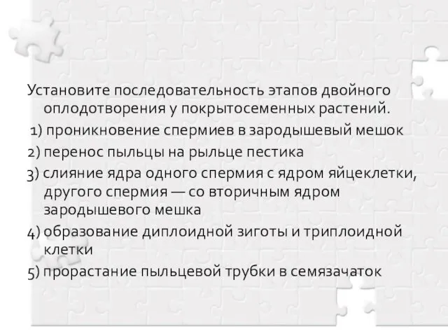 Установите последовательность этапов двойного оплодотворения у покрытосеменных растений. 1) проникновение