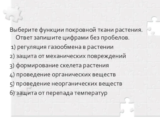 Выберите функции покровной ткани растения. Ответ запишите цифрами без пробелов.