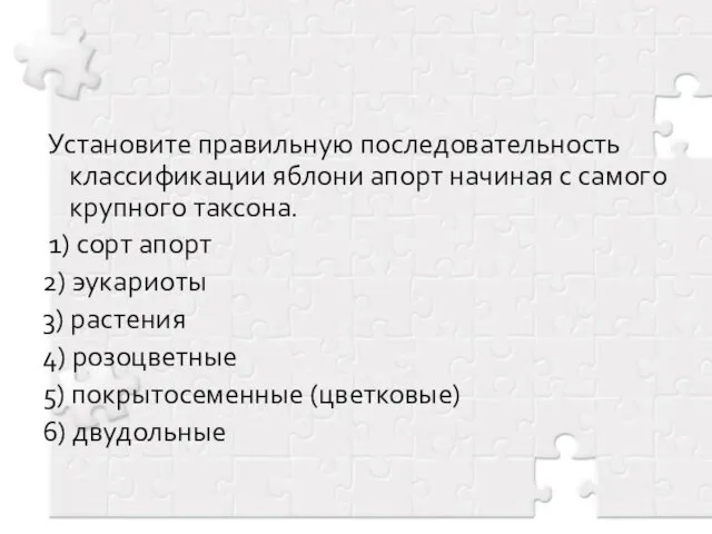 Установите правильную последовательность классификации яблони апорт начиная с самого крупного