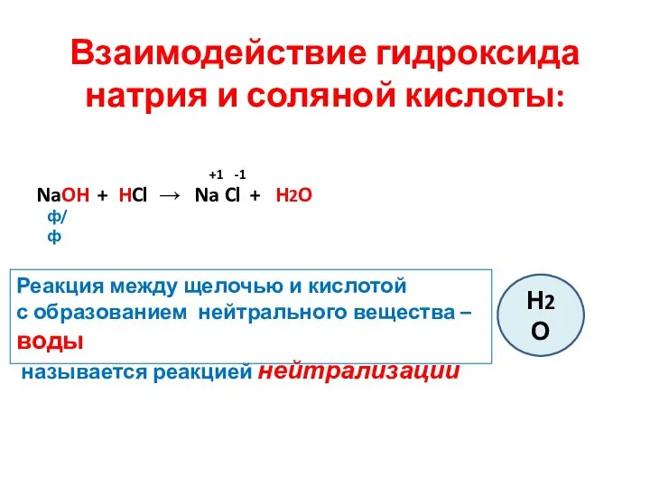 Взаимодействие гидроксида натрия и соляной кислоты: NaOH + HCl ф/ф → Na Cl