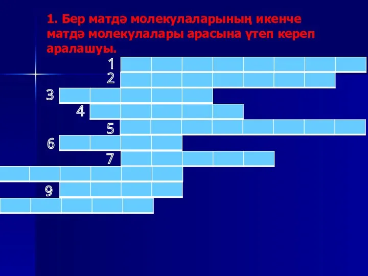 1. Бер матдә молекулаларының икенче матдә молекулалары арасына үтеп кереп