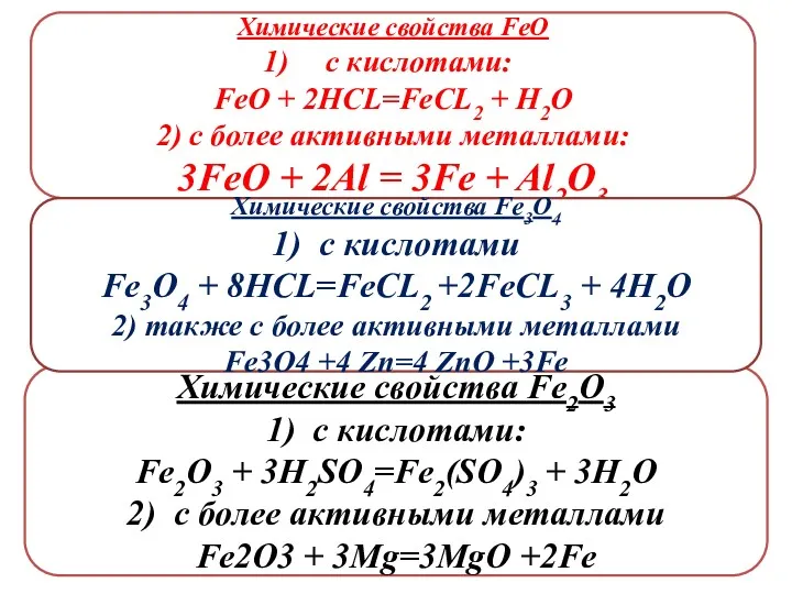 Химические свойства FeO с кислотами: FeO + 2HCL=FeCL2 + H2O