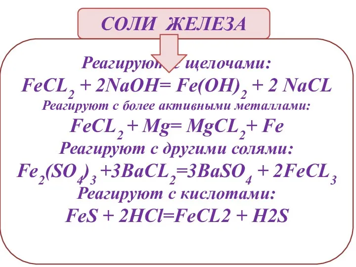 СОЛИ ЖЕЛЕЗА Реагируют с щелочами: FeCL2 + 2NaOH= Fe(OH)2 +