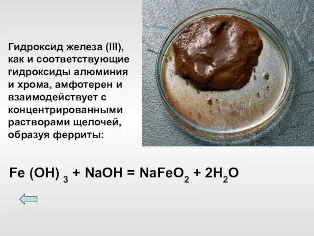 Fe (ОН) 3 + NaOH = NaFeO2 + 2H2O Гидроксид