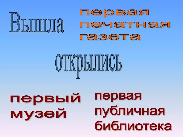 Вышла первая печатная газета открылись первый музей первая публичная библиотека